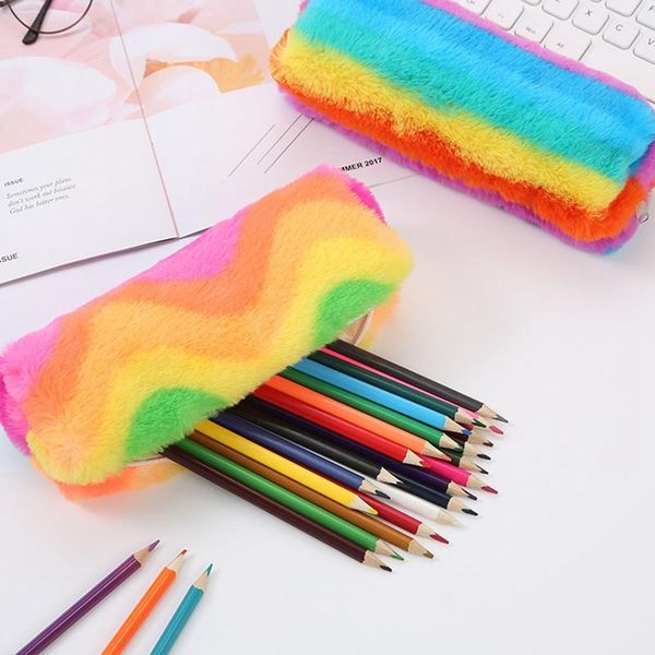 

pencil bags 1pcs kawaii case rainbow colored plush school box bag supplies stationery