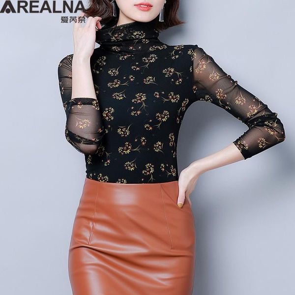 

elegant blouse women autumn korean slim floral long sleeve sheer high elasticity fishnet female shirt mesh blusas women's blou, White