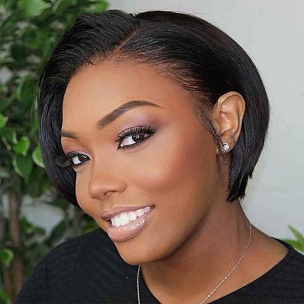 

synthetic wigs jet black short bob large cap size for women adjustable strap cut part remy hair