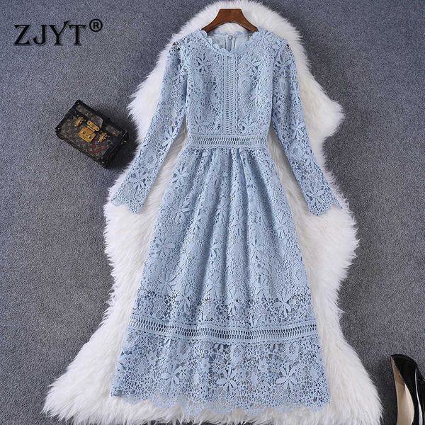 

spring runway designer embroidery hollow lace dress party festa woman clothes elegant blue celebrity prom robe femme vestidos 210601, Black;gray