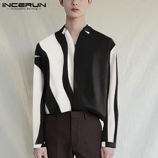 

men's casual shirts fashion men shirt striped patchwork turn down collar long sleeve personality 2021 streetwear camisas hombre inceru, White;black
