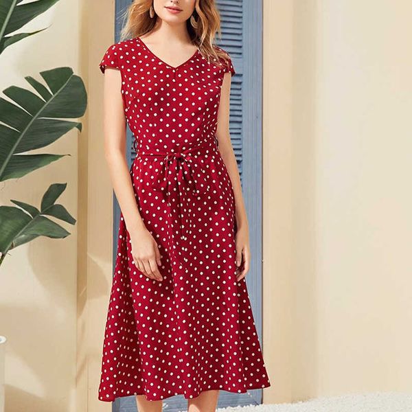 Vintage Red Polka Dot Frauen Kleid Sexy V-Ausschnitt Kurzarm Boho Lange Midi Strand Dame Kleider Vestidos mit Gürtel W267 210526