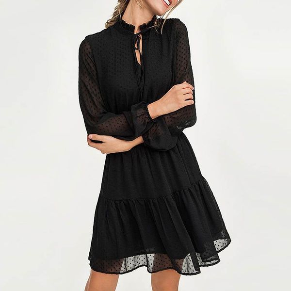

casual dresses women black lace up hollow out mini dress summer vestidos long sleeve elastic waist party christmas, Black;gray