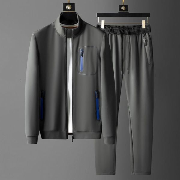 

tracksuit shirt stand collar mens sets 2 pieces blue zipper casual sport male sweatshirts elastic waist slim fit man pants, Gray