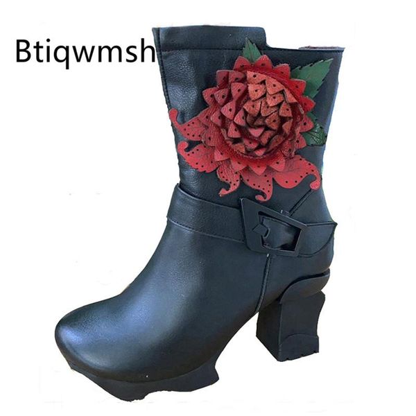 

boots 2021 real leather flower ankle women round toe strange high heel female retro short, Black