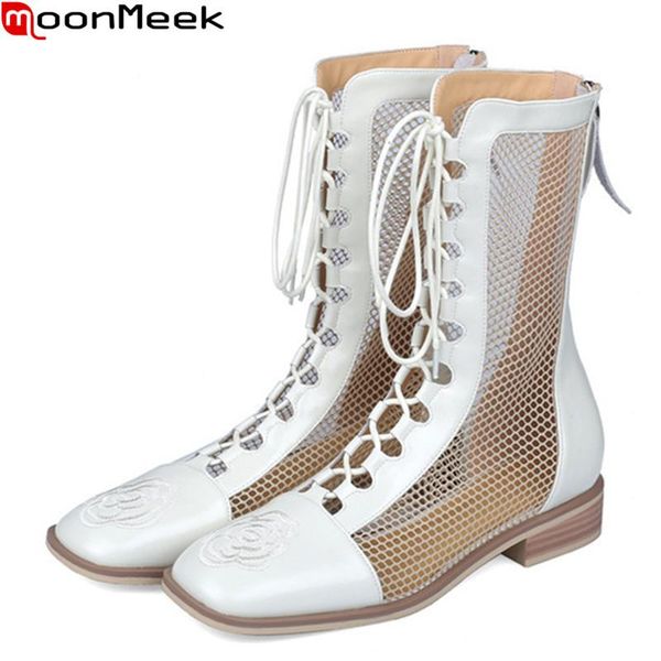 

moonmeek 2021 genuine leather boots women fashion lace up summer low heel square toe breathable ankle, Black