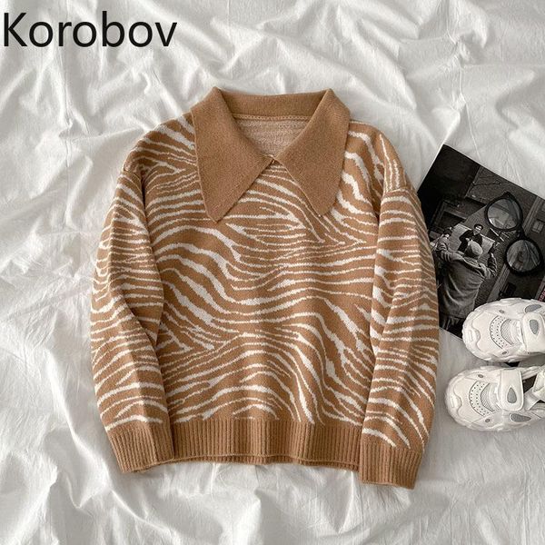 

women's sweaters korobov 2021 chic streetwear striped women pullovers harajuku turn-down collar long sleeve vintage sueter mujer, White;black