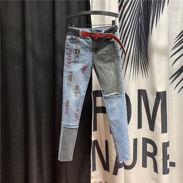 

women's jeans european heavy drilling letter 2021 spring tight fit slim pencil pants student girls skinny long trousers, Blue