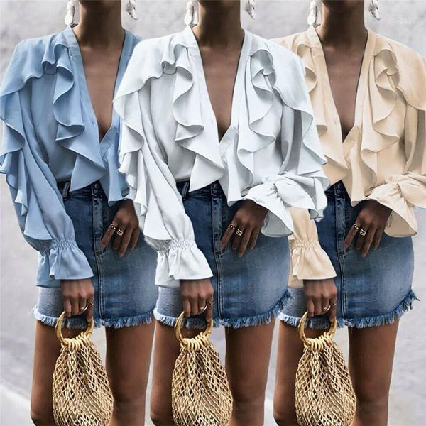 

womens long sleeve deep v-neck casual loose blouse ladies work shirts, White