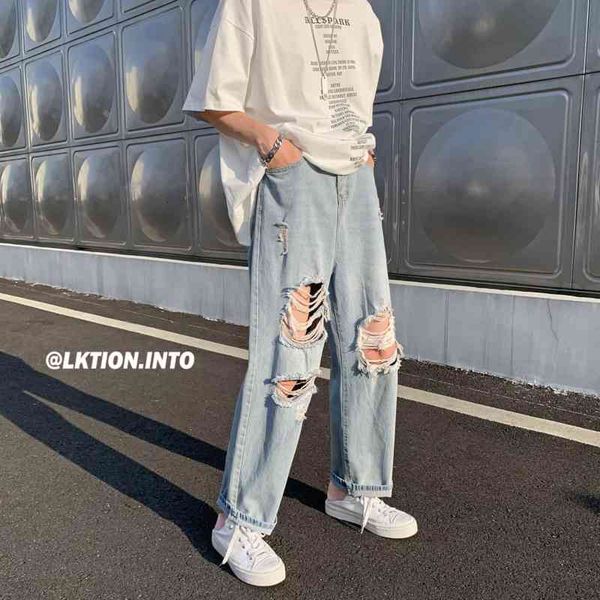 

men's jeans summer ripped fashion casual blue wide-leg men streetwear loose hip-hop hole straight denim trousers mens iwmm