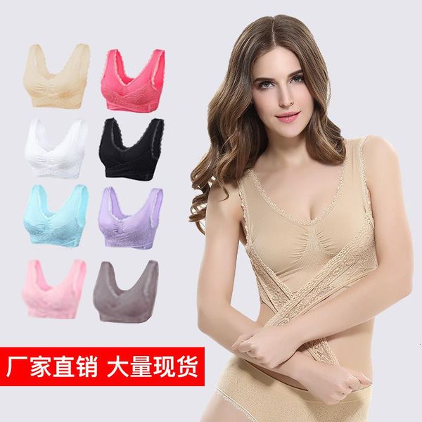 

bras front cross side buckle lace edge push up sports brassiere large size non-steel ring running yoga underwear women's 4gfp, Red;black