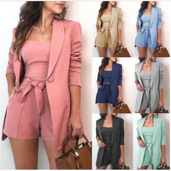 

women's tracksuits summer fashion elegant temperament women pure color collar blazer and vest + high waist lace-up shorts 3 piece casua, Gray