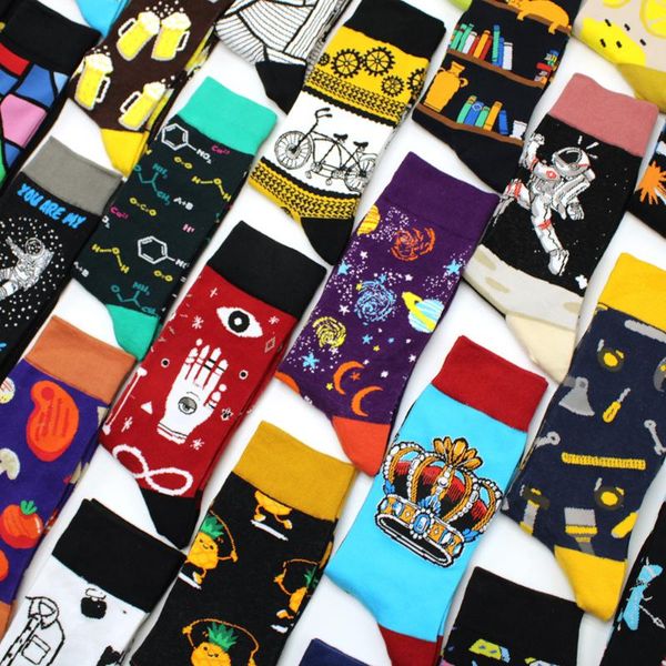 

men's socks funny fashion hip hop skateboard cotton cartoon beer bicycle astronaut pizza pineapple men women calcetines, Black