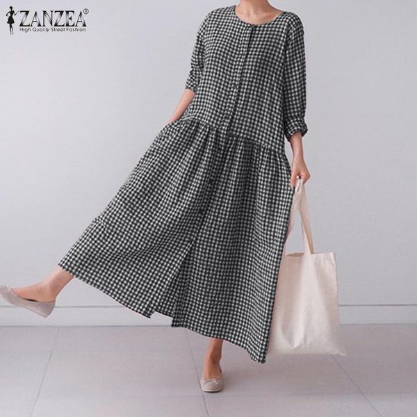 

casual dresses women autumn sundress vintage plaid checked long sleeve dress zanzea retro party mid-calf vestidos plus size loose femme, Black;gray