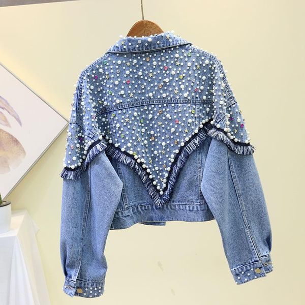 

women's jackets spring autumn vintage pearl beaded casual denim jacket women long sleeve tassel loose jean bomber coat basic outwear, Black;brown