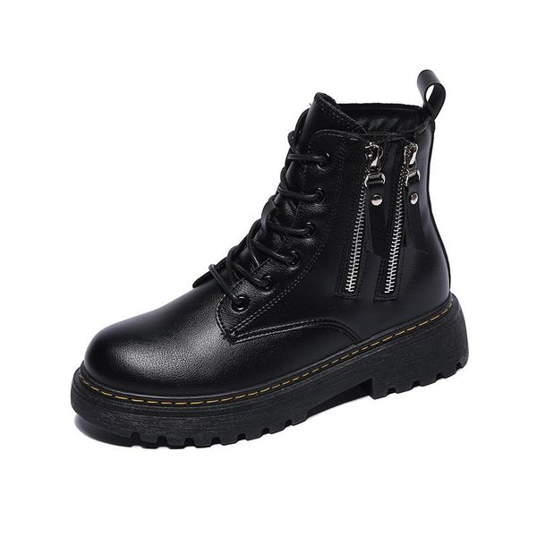 

boots winter for women pu leather ankle zipper design motorcycle flat platform short fashion lady punk, Black