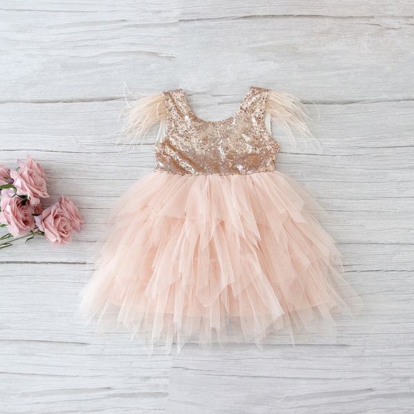 

girl's dresses retail feather sequins tiered girls ffy tulle party kids princess es for baby clothes 2-10y e13846 1kq7, Red;yellow