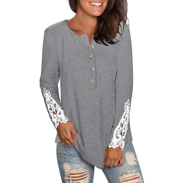

women's t-shirt 40#womens lace buttons tshirts long sleeve patchwork round neck solid color henley-shirts tunic elegant vintage shirts, White