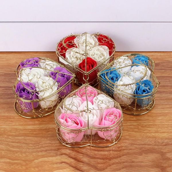 

decorative flowers & wreaths 1pcs petals gold-plated iron heart shape basket with 6 soap flower roses scented gifts ideas for women