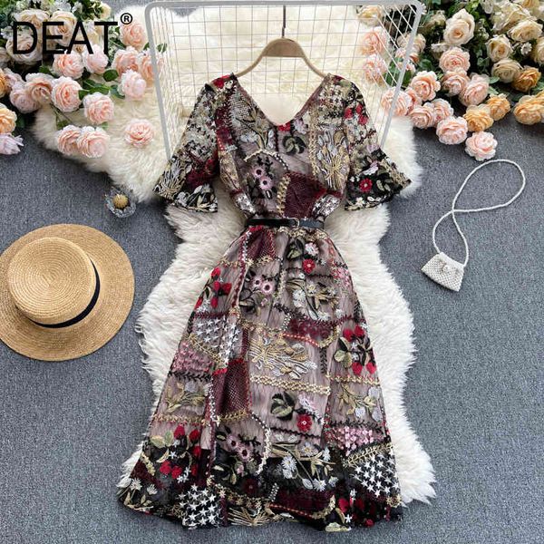 

summer arrivals print short flare sleeve v-neck waist with belt a-line long dress mz730 210525, Black;gray