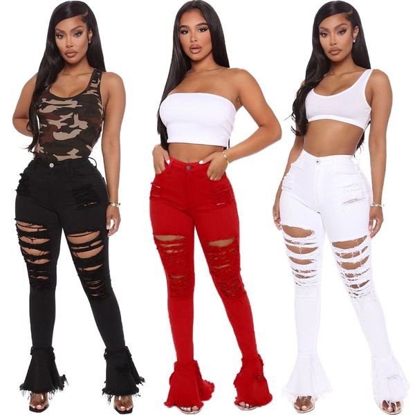 

women bell bottom jeans cute holed ruffle denim flared long pants trousers ripped full length leggings bodycon streetwear stylish clothing, Black