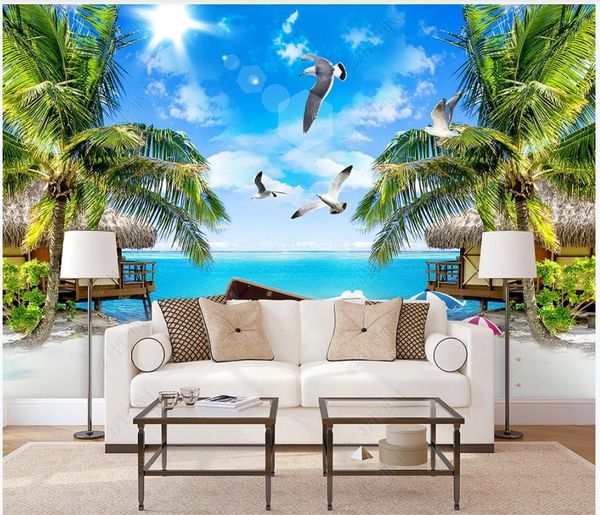 Photo Photo Wallpapers 3D murales carta da parati per soggiorno Bellissimo cielo blu e nuvole bianche paesaggio marino paesaggio pittura albero murale sfondo wall paper