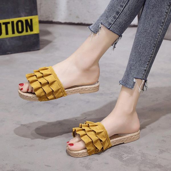

slippers open toe outside fashion concise women low flat with sewing pleated slides solid buckle strap summer shoes, Black