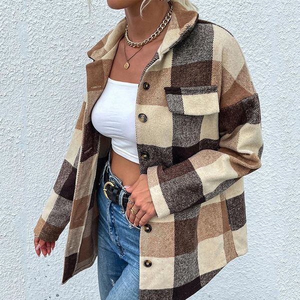 

women's wool & blends 2021 european and american clothing plaid shirt lapel long sleeve loose early autumn coat, Black