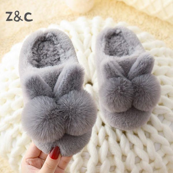 

slipper children' ears slippers cotton 2021 style winter baby non-skid hair shoes boys girls indoor parent-child warm, Black;grey