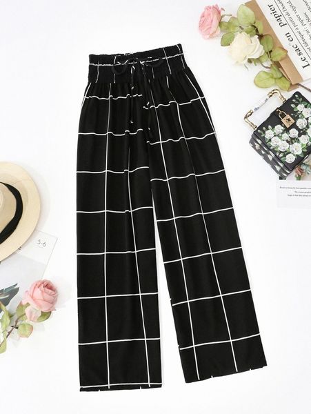 

grid print shirred knot front pants j1bx#, Black;white