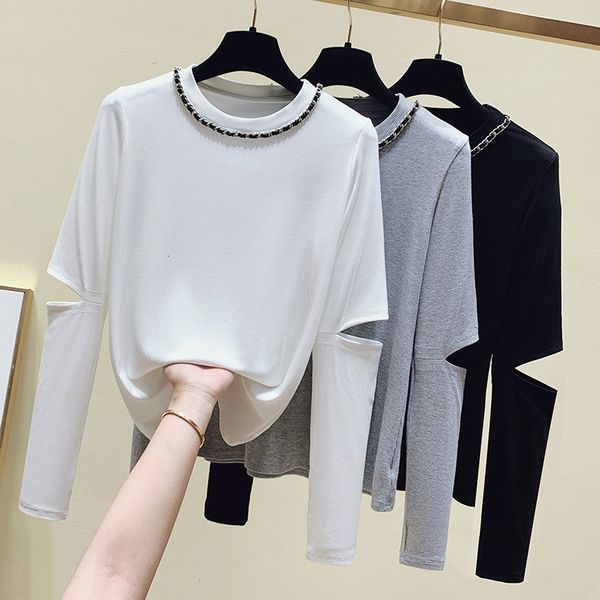 

women's t-shirt femme t shirt hollow out long sleeve t female shirt 2021 korean cotton shirt black gray tshirt white clothes ax17