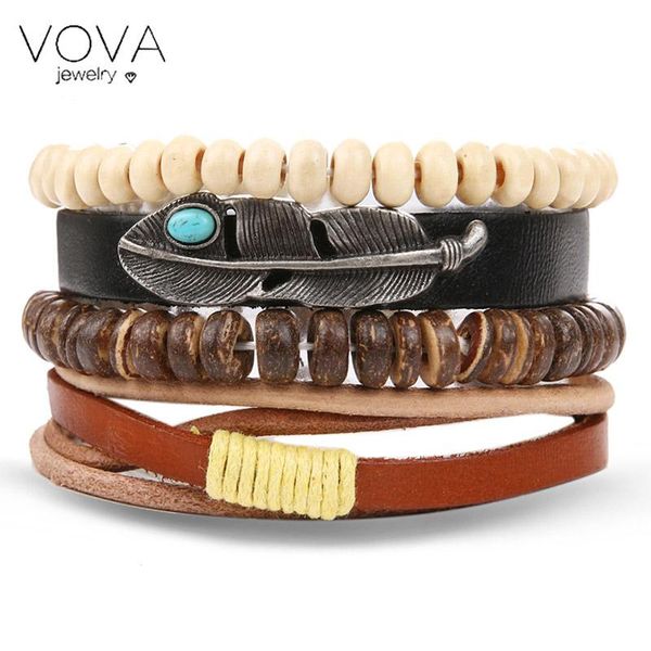 

charm bracelets umka multilayer leather feather wood beads neutral bracelet cuff women men jewelry pulsera, Golden;silver