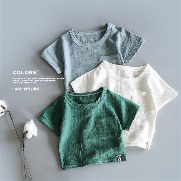 

japanese retro cotton hemp short sleeve baby thin t shirt boys and girls summer bamboo half, Blue