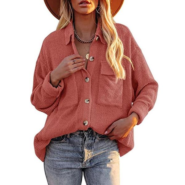

women's t-shirt oversized corduroy fall/winter solid loose lapel double pocket long-sleeved shirt green for women shirts, White