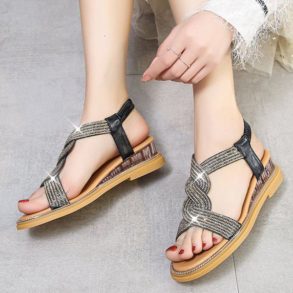 

slippers lucyever crystal cross strap sandals women summer elastic band soft bottom med heel sandalias woman outdoor shining casua, Black