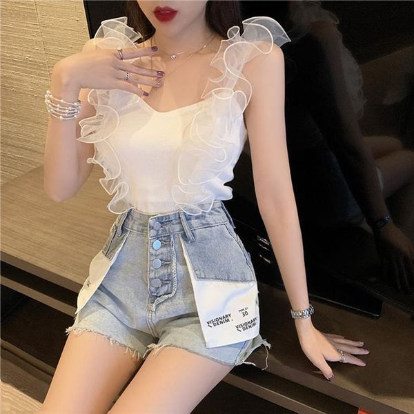 

corset summer gauzy stitching womens cami vest camisole crop top, White