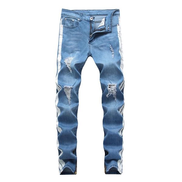 

men's ripped jeans stretch slim denim trousers fashion designer, Blue
