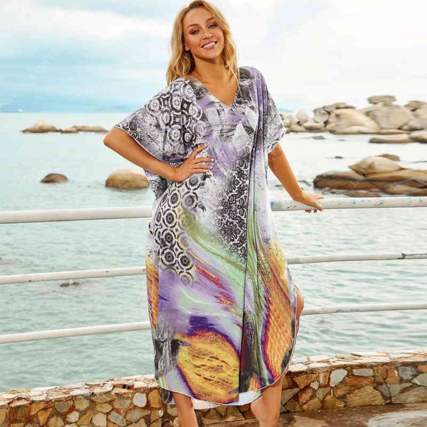 Mehrfarbige Bikini-Vertuschungen Sexy V-Ausschnitt Halbarm Boho Sommer Strandkleid Plus Size Beachwear Badeanzug Cover Up Q1166 210420