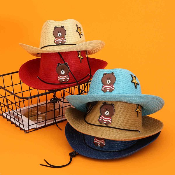 

children's straw boys beach summer children western cowboy hat sun hat, Yellow