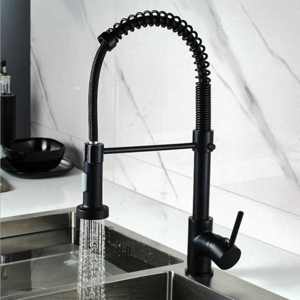 Rubinetto da cucina in ottone nero opaco estraibile a molla Rubinetti miscelatore acqua fredda Rotazione a 360 gradi 2 funzioni Ugello spruzzatore flusso 210724