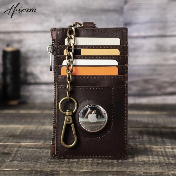 

card holders hiram genuine leather holder wallet with keychain airtag case luxury men rfid name laser engrave slim thin coin purse, Brown;gray