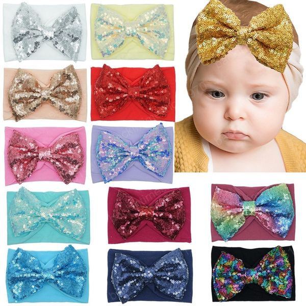 

13 cm glitter sequins bowknot baby girls elastic hairband fashion handmade bows infant nylon headband birthday gifts p props, Slivery;white