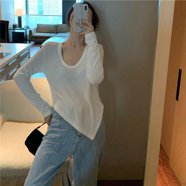 

2colors spring autumn irregular design slim long sleeve t shirts womens tee shirt femme crop (r99422) 210423, White