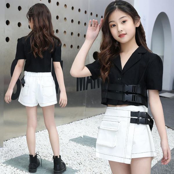 

summer kids girls clothes children black short sleeve t shirt + jeans shorts clothing sets teenager outfit school, White
