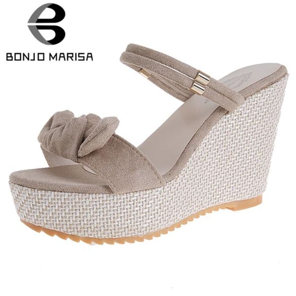 

slippers bonjomarisa female sweet summer butterfly knot open toe sandals women drop fashion wedges shoes woman, Black