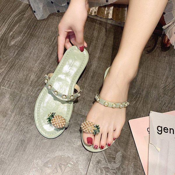 

women slippers summer female pearl pineapple casual sandals and one pedal beach outdoor shoes, Black