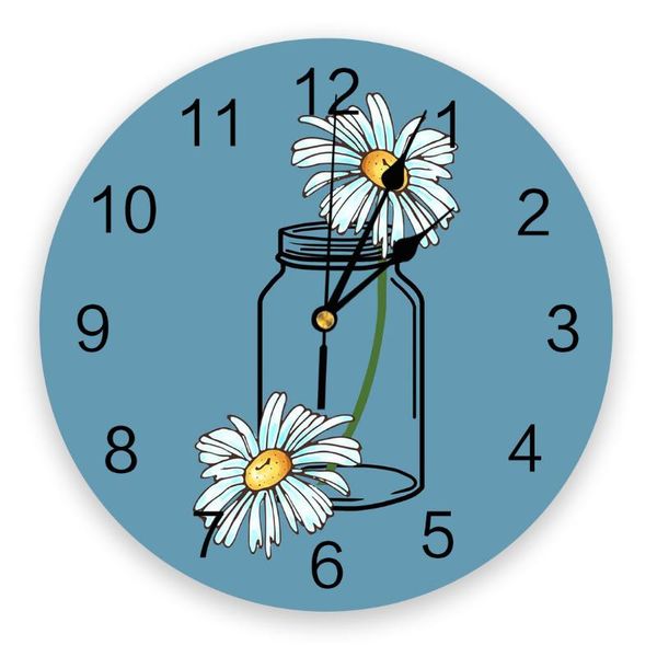 

small daisy glass bottle blue background wall clock living room bedroom watch mute cartoon home decoration clocks