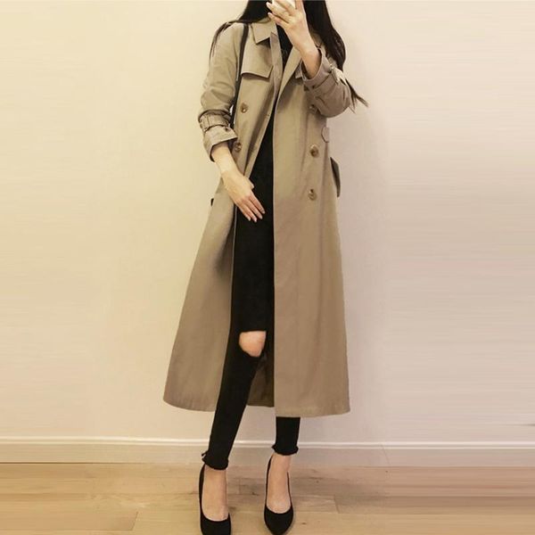 

women's trench coats khaki women medium long double breasted casual 2021 autumn winter ladies elegant trenchs outwear fp1409, Tan;black
