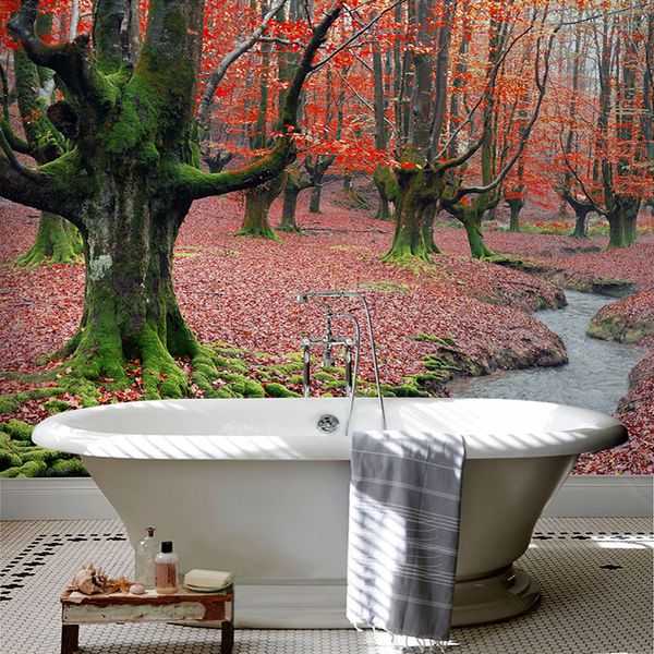 Fototapete Schöner roter Ahornbaum Wald Natur 3D-Wandbilder PVC wasserdichte selbstklebende Badezimmer-Hintergrundwandpapiere