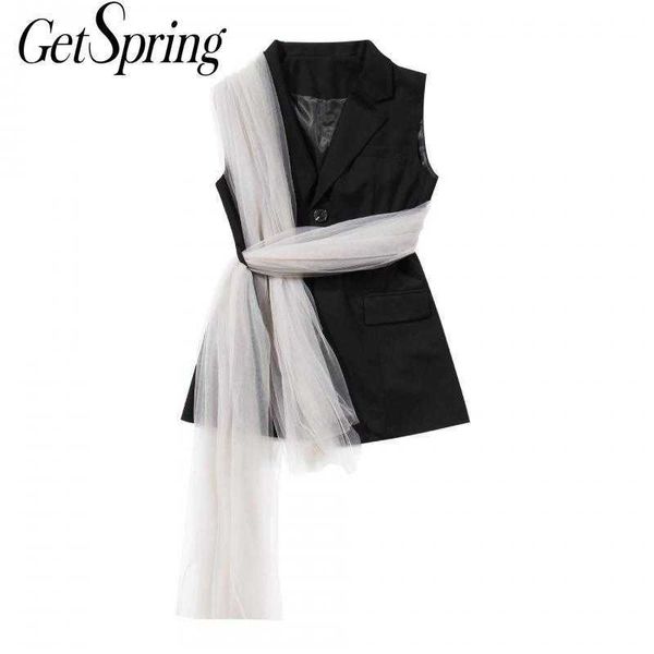 

getspring women vest sleeveless waistcoat mesh spliced irregular blazer coat fashion black autumn 210601, Black;white